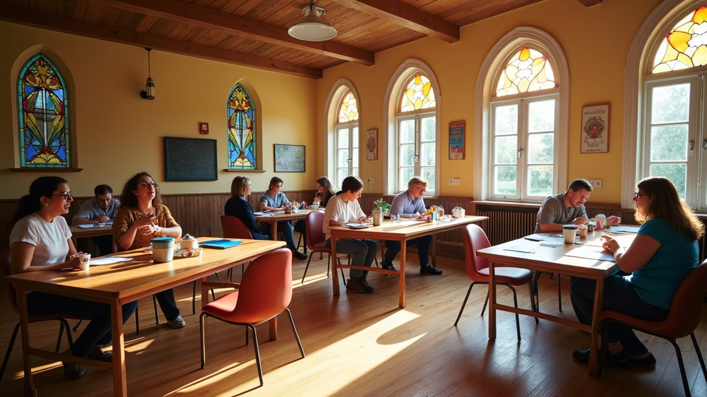 A cozy church community room prepared for a volunteer team meeting, with coffee, notepads, and uplifting decor.
