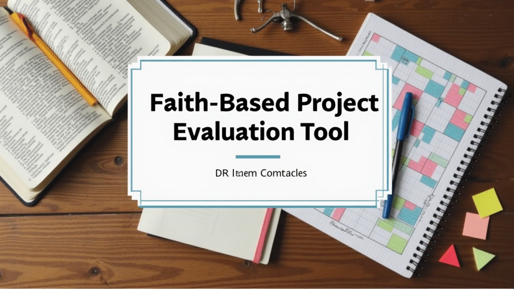 A journal, Bible, and notebook with colorful graphs and sticky notes on a wooden desk, symbolizing faith-based project evaluation tools.