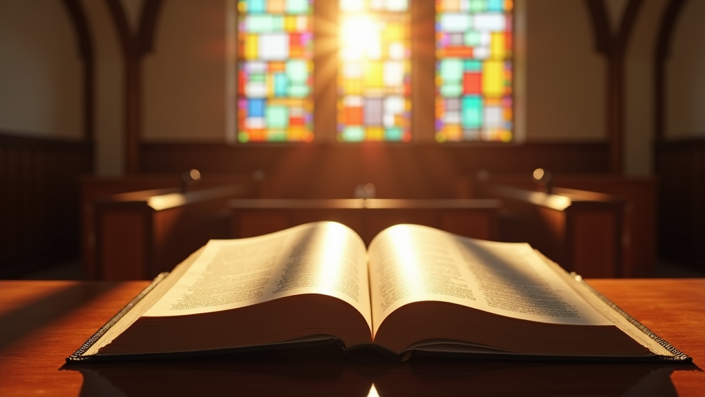 A peaceful church interior with soft sunlight and open Bible on the pulpit.