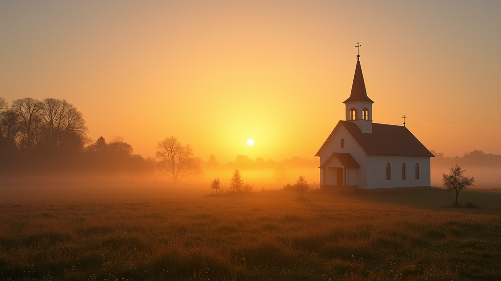 A peaceful sunrise over a quiet countryside church, soft morning light illuminating the scene. Symbolizes clarity, hope, and fresh vision.
