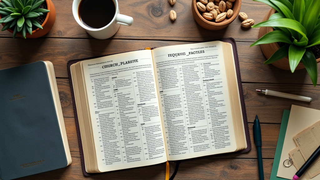 A wooden table with notebooks, a Bible, and planner tools, surrounded by greenery, suggesting teamwork and inspiration for servant leadership in church projects.