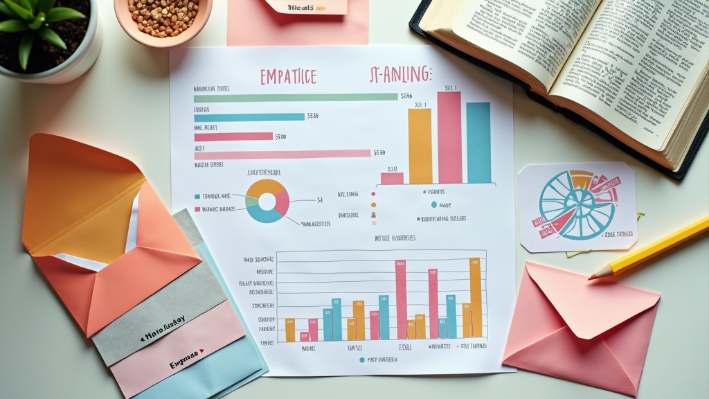 Colorful budget planning table with charts, envelopes, and a Bible in a cozy workspace